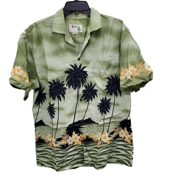 KY'S Men's Vintage Green Palm‎ Tree Tropical Button Up Shirt Made in Hawaii Sz L - Picture 1 of 5